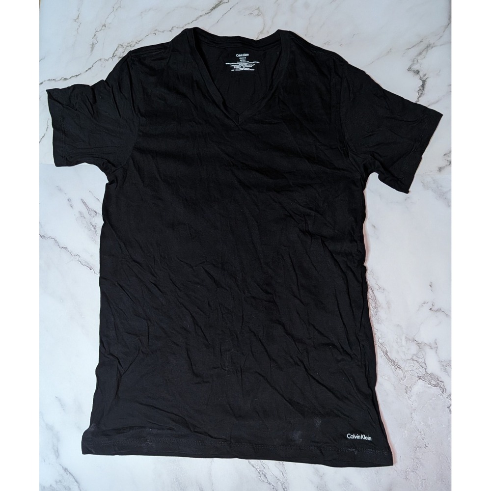 Calvin Klein Mens V-Neck T-Shirt Black Classic Fit Cotton Small NP2206O